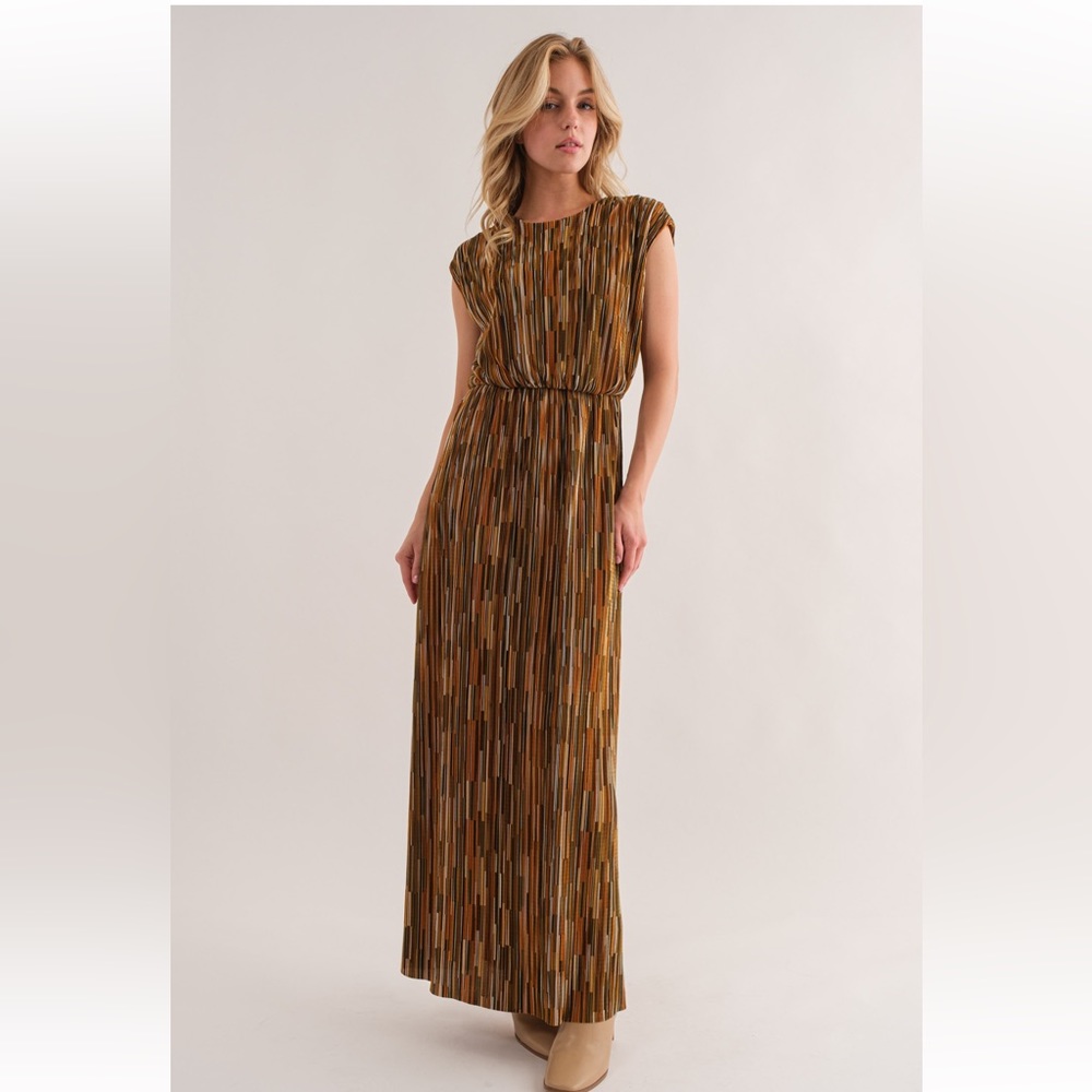 Boho Multi Color Rib Pleating Detailed Dress - Picture 1 of 7